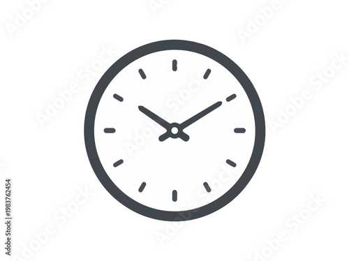 A simple, minimalist illustration of a wall clock with a dark gray frame and hands, showing the time as approximately 10:08.