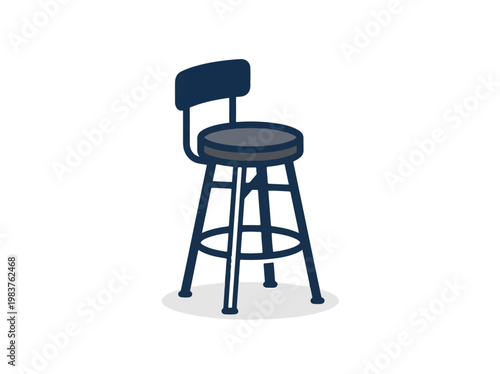 A minimalist illustration of a dark gray and blue bar stool with a backrest and footrest, set against a white background.