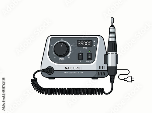 Professional electric nail drill with a console displaying speed and RPM, and a handheld e-file tool with various bits.