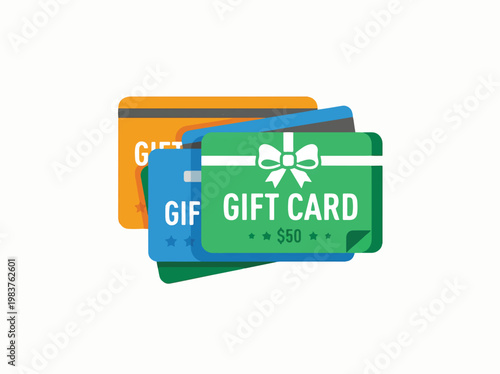 A stack of brightly colored gift cards, with a prominent green card featuring a white bow and $50 text.