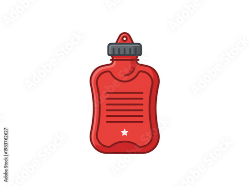 A red, ribbed hot water bottle with a gray cap and a white star emblem. Isolated on a white background, this is a vector illustration.