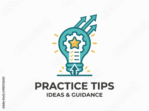 Lightbulb icon with gears, checklist, star, and upward arrows, representing practice tips, ideas, and guidance for growth and achievement.