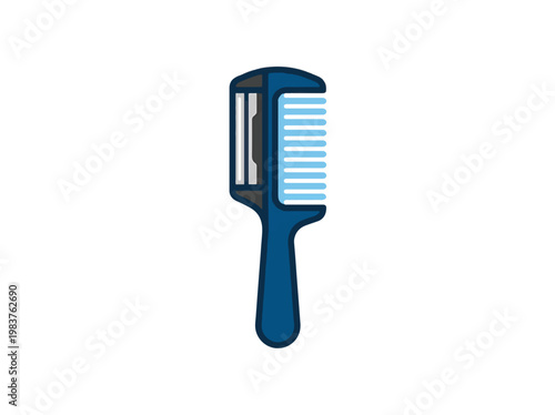 An illustration of a blue comb featuring a hair trimmer or razor blade on one side, on a plain white background.