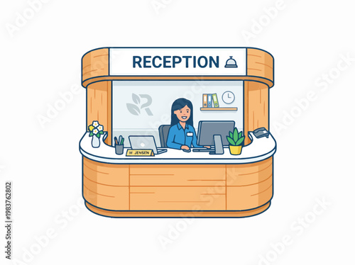 A friendly female receptionist smiles behind a modern wooden reception desk, marked 'RECEPTION', with computers, a bell, and office items, in a clean, professional illustration.