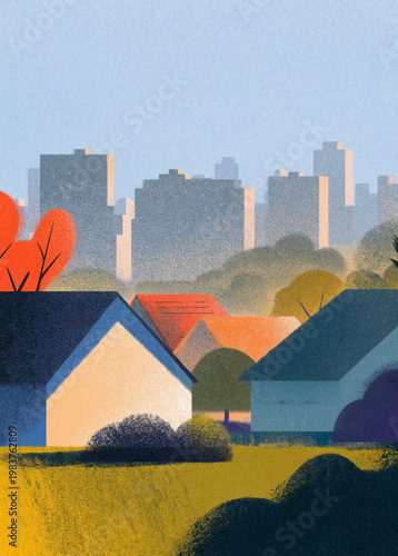 Urban development illustration of suburban housing with a hazy city skyline