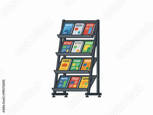 A flat illustration of a black display rack with four tiers, each holding three colorful magazines or brochures labeled TRAVEL, NEWS, FOOD, TECH, and STYLE.