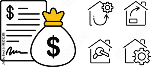 Financial document with dollar sign money bag and various house featuring gears arrows and magnifying glass symbols on a white background