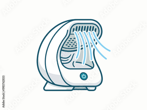 An illustration of a white and light blue personal air cooler or fan blowing air. It features a power button and a modern, minimalist design with dark blue outlines.