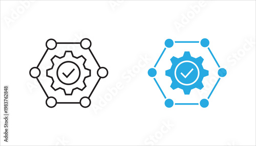 Minimal line icon of a gear with a check mark inside connected to nodes in a hexagon shape, representing automation, system integration, workflow optimization, and verified processes.