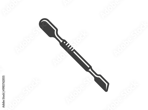 A black and white illustration of a cuticle pusher, a manicure tool with a flat end for pushing back cuticles and a pointed end for cleaning under nails.