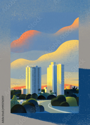 City planning illustration of modern high rise apartments framed by sunset clouds