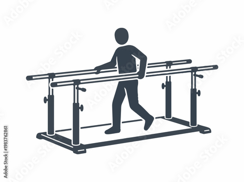 A dark silhouette of a person walking between adjustable parallel bars, commonly used for physical therapy, rehabilitation, or gait training exercises.