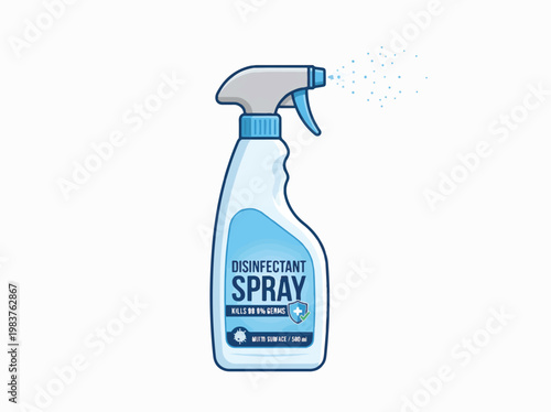 An illustration of a blue and white disinfectant spray bottle actively spraying liquid mist. The label reads DISINFECTANT SPRAY and KILLS 99.9% GERMS on a white background.