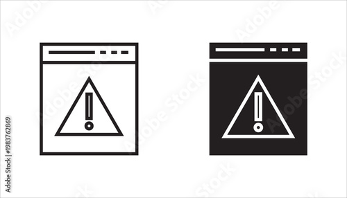 Outline icon of a browser window with warning symbol, representing system errors, alerts, notifications, security issues, and troubleshooting in software or web applications.