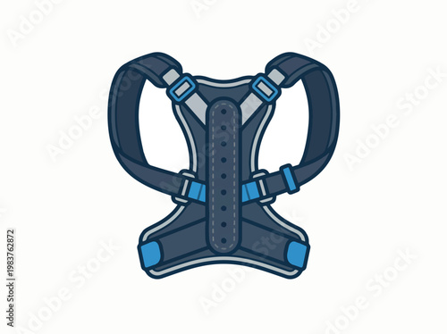 A flat vector illustration of a dark blue posture corrector or back brace with light blue accents and silver buckles, designed for posture improvement and back support.