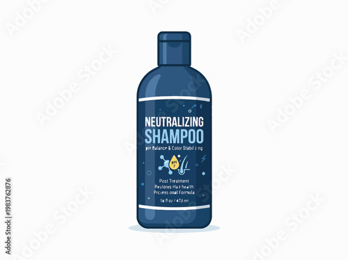 A dark blue bottle of Neutralizing Shampoo for pH balance and color stabilizing, post-treatment hair care, restoring health with a professional formula.