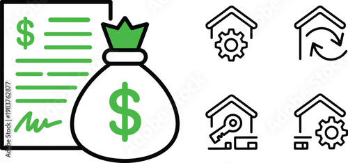 Financial document with dollar sign money bag and various house featuring gears keys and arrows in green and black line style on white background