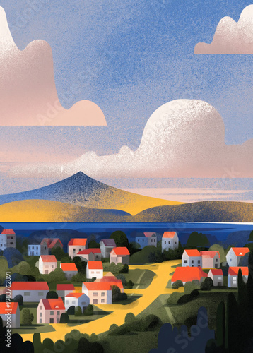 Premium grainy illustration of a coastal town with a mountain and lake