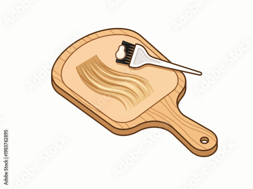 An illustration of a blonde hair strand and a coloring brush with product on a wooden hair dyeing paddle, ready for highlighting or treatment.