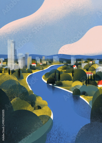 City planning illustration of a winding river leading to a modern urban skyline