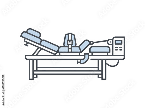 Line art of a medical spinal decompression or traction table with adjustable sections, patient straps, and a control unit, used for physical therapy and treatment.