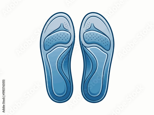 An illustration of a pair of blue contoured shoe insoles with textured areas, designed for comfort and support, isolated on a white background.