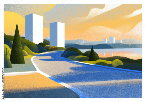Urban development illustration of modern high rise buildings by a waterfront road