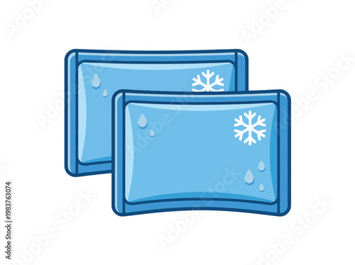 Two light blue ice packs with water droplets and snowflake icons, indicating coldness and condensation, suitable for cooling or pain relief.