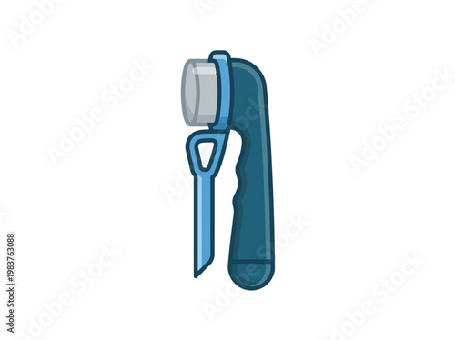 An illustration of a blue dental hygiene tool featuring a main handle, a pointed secondary attachment, and a round brush head, presented in a clean, minimalist style.
