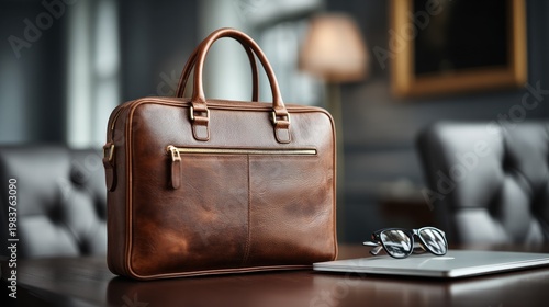 Brown leather briefcase on a desk next to glasses and a laptop