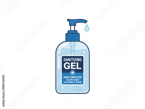 An illustration of a hand sanitizer gel bottle with a blue pump, dispensing a drop. The label says SANITIZING GEL HAND SANITIZER ALCOHOL-BASED KILLS 99.9% OF GERMS.