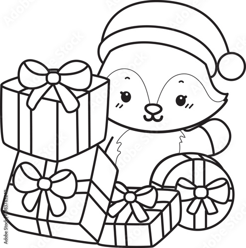 Coloring pages of Cute set of Fox sticker with activity. Outline of Fox with christmas theme
