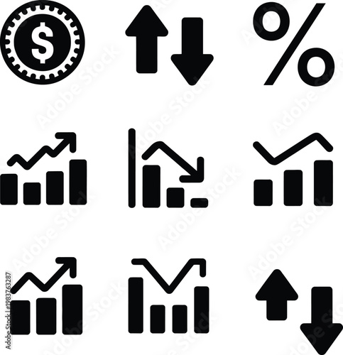 Set of black financial featuring dollar coin percentage sign rising and falling bar charts and directional arrows on a white background for business data analysis and economic reporting