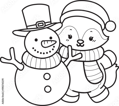 Coloring pages of Cute set of Fox sticker with activity. Outline of Fox with christmas theme