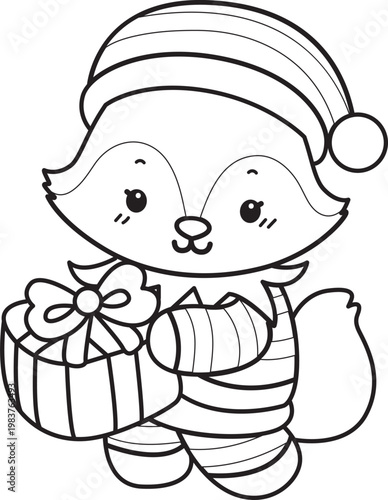 Coloring pages of Cute set of Fox sticker with activity. Outline of Fox with christmas theme