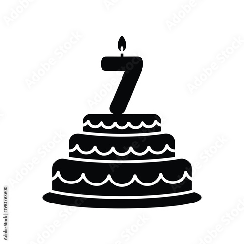 A black silhouette of a birthday cake shaped like the number seven