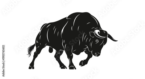 Obraz na plátně Powerful Black Bull Silhouette Charging Forward with Strength and Determination