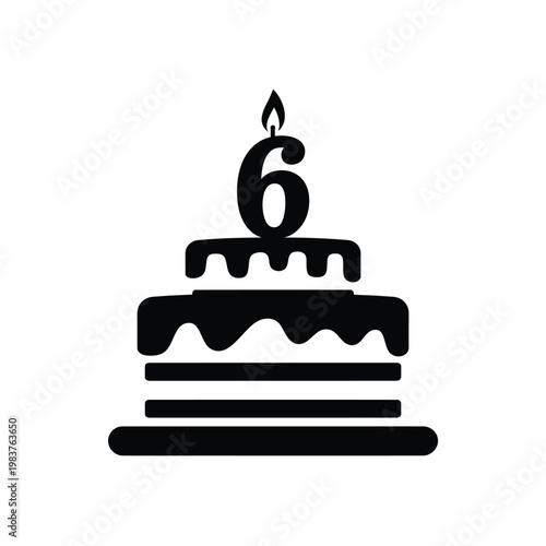 A minimalist black silhouette of a birthday cake with a number six