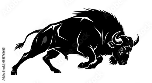 Powerful Black Silhouette of a Charging Bison Animal with Sharp Edges