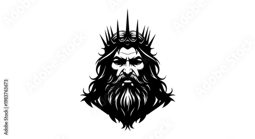 Powerful King with Majestic Crown and Flowing Beard in Black and White