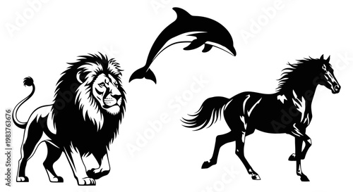 Powerful Lion, Leaping Dolphin, and Running Horse Animal Silhouettes