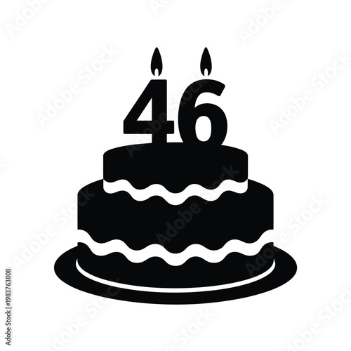 A black silhouette illustration of a two tiered birthday cake with candles