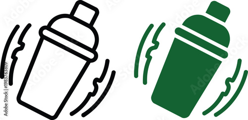 Two tilted cocktail shaker with motion lines showing shaking action in outline and solid green styles on a white background