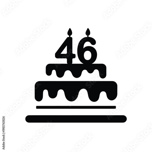 A black silhouette of a birthday cake with lit candles displaying age 46