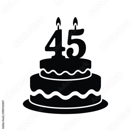 A black silhouette of a two tiered birthday cake with lit candles displaying 45