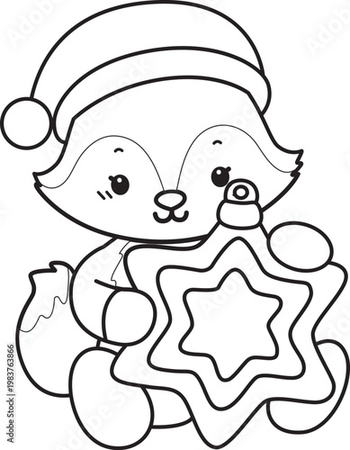 Coloring pages of Cute set of Fox sticker with activity. Outline of Fox with christmas theme