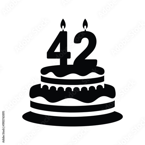 A black silhouette of a tiered birthday cake with lit candles displaying 42