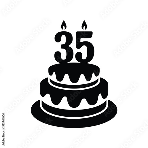 A black silhouette of a birthday cake with a number 35 candle