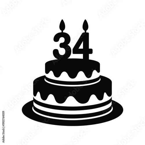 A black and white illustration of a birthday cake with lit candles