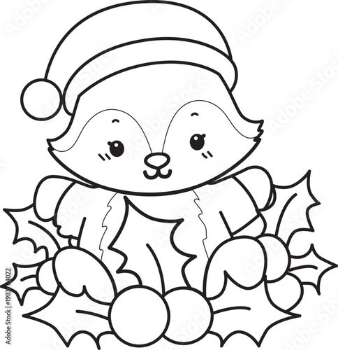 Coloring pages of Cute set of Fox sticker with activity. Outline of Fox with christmas theme